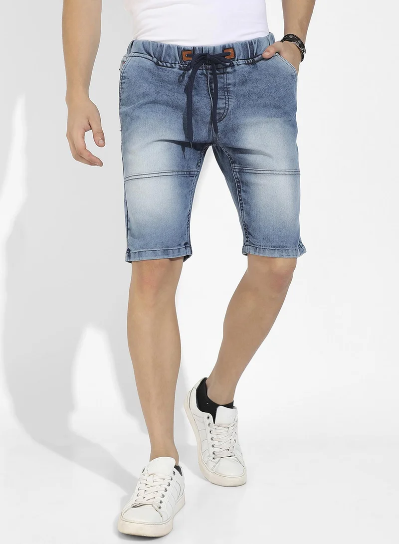 كامبوس سوترا Men's Blue Contrast Stitch Denim Shorts For Casual Wear | Medium-Wash | Regular Fit | Drawstring Closure | Denim Denim Shorts Crafted With Comfort Fit For Everyday Wear